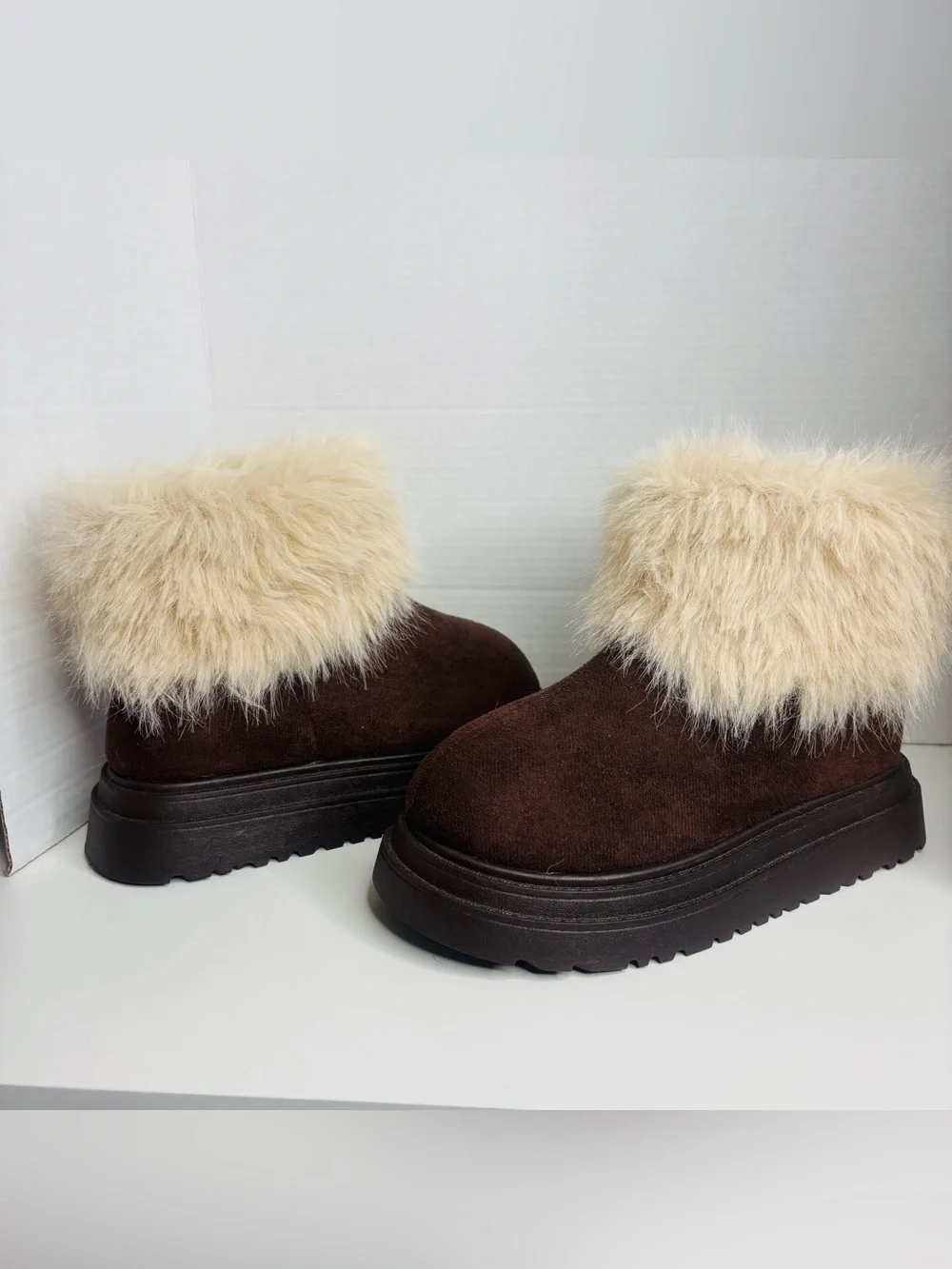 Women's Dark Brown Faux Suede Ankle Boots with Cream Faux-Fur Cuff